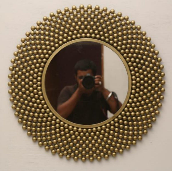 Micro‑Stud Cascade Round Mirror - Antique Brass